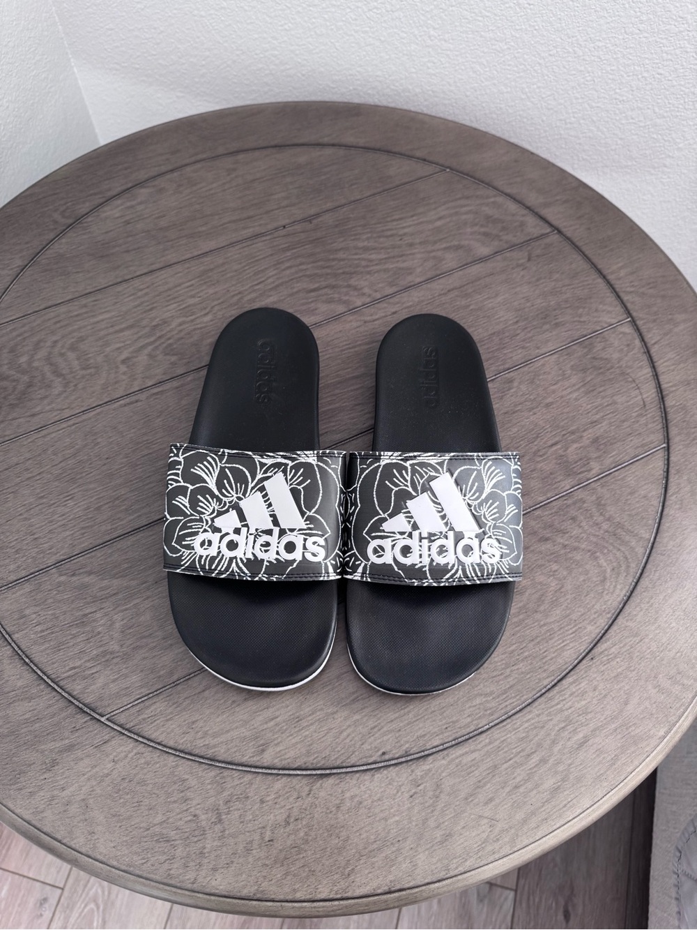 adidas Kids Black Slide Sandals with White Floral Strap
